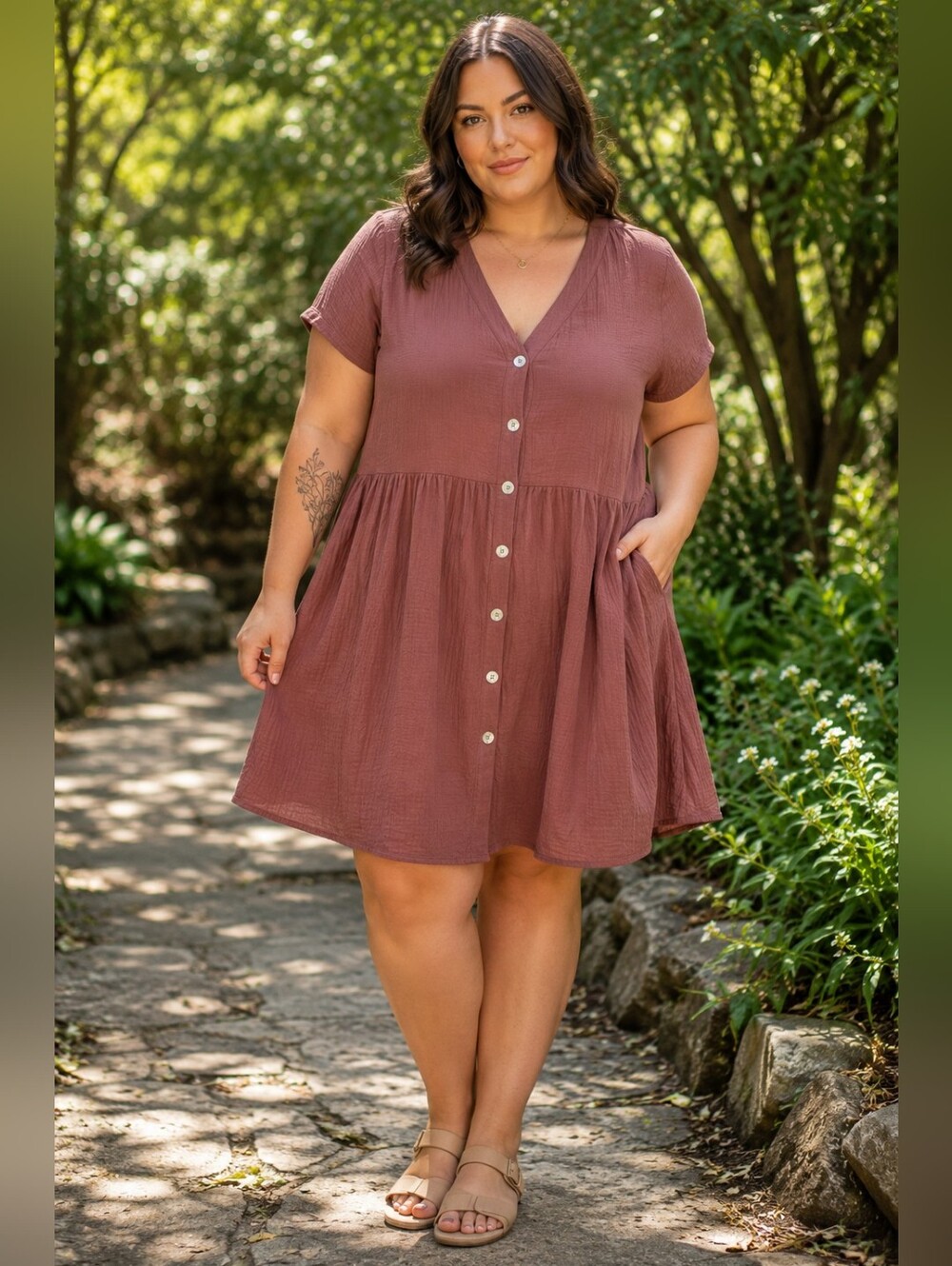 Reitmans Button-Front V-Neck Smock Babydoll Dress in Dusty Brown Rose